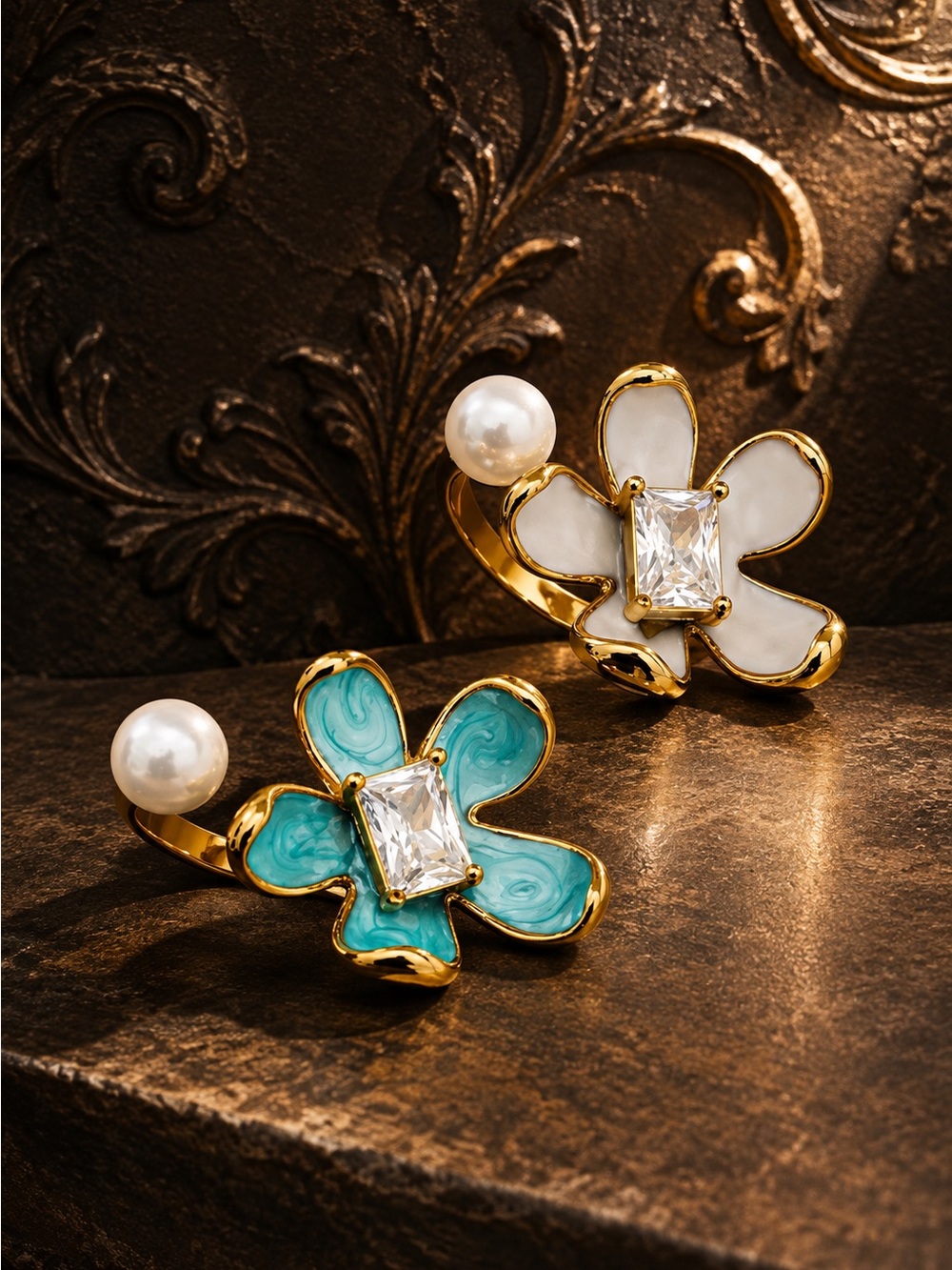 Gold plated Ring with Turquoise Enamel Flower and Pearl - Picture 7 of 9